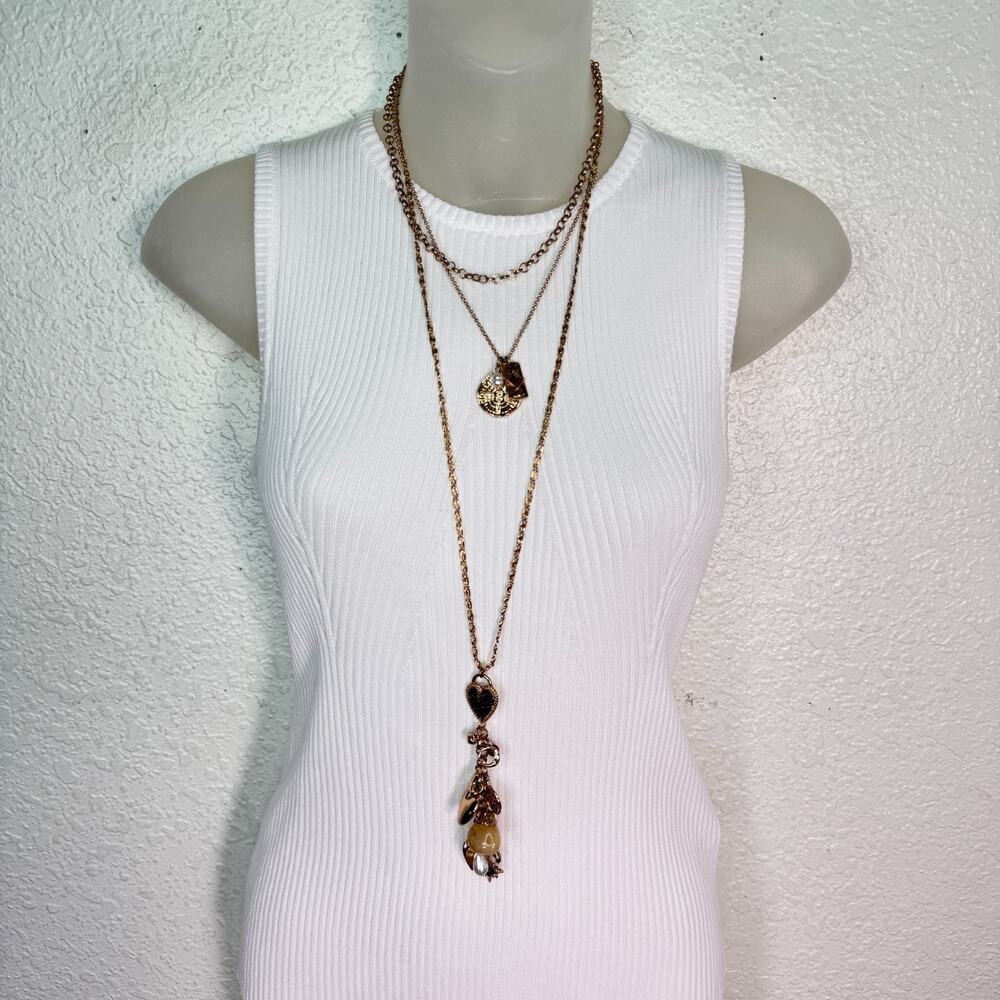 Free People Layer Necklace Heart Cross Charm Cluster Boho Multi Strand Boho NEW - Picture 2 of 10